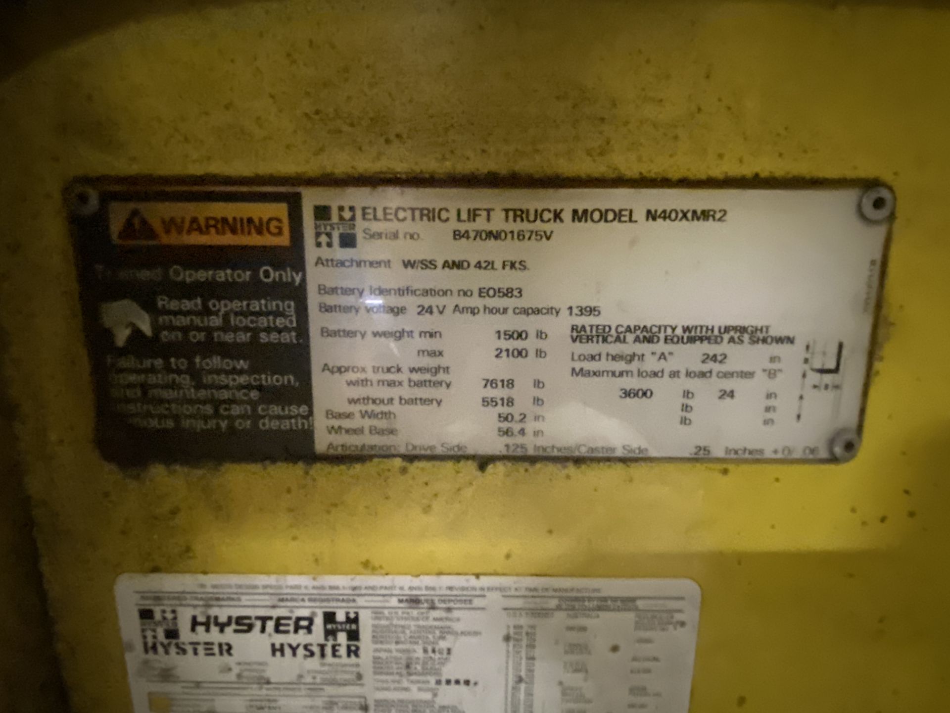 Hyster N40XMR2 Electric Forklift s/n B470N1675V, 3,600#, GNB 12 Cell Battery Charger - Image 4 of 7