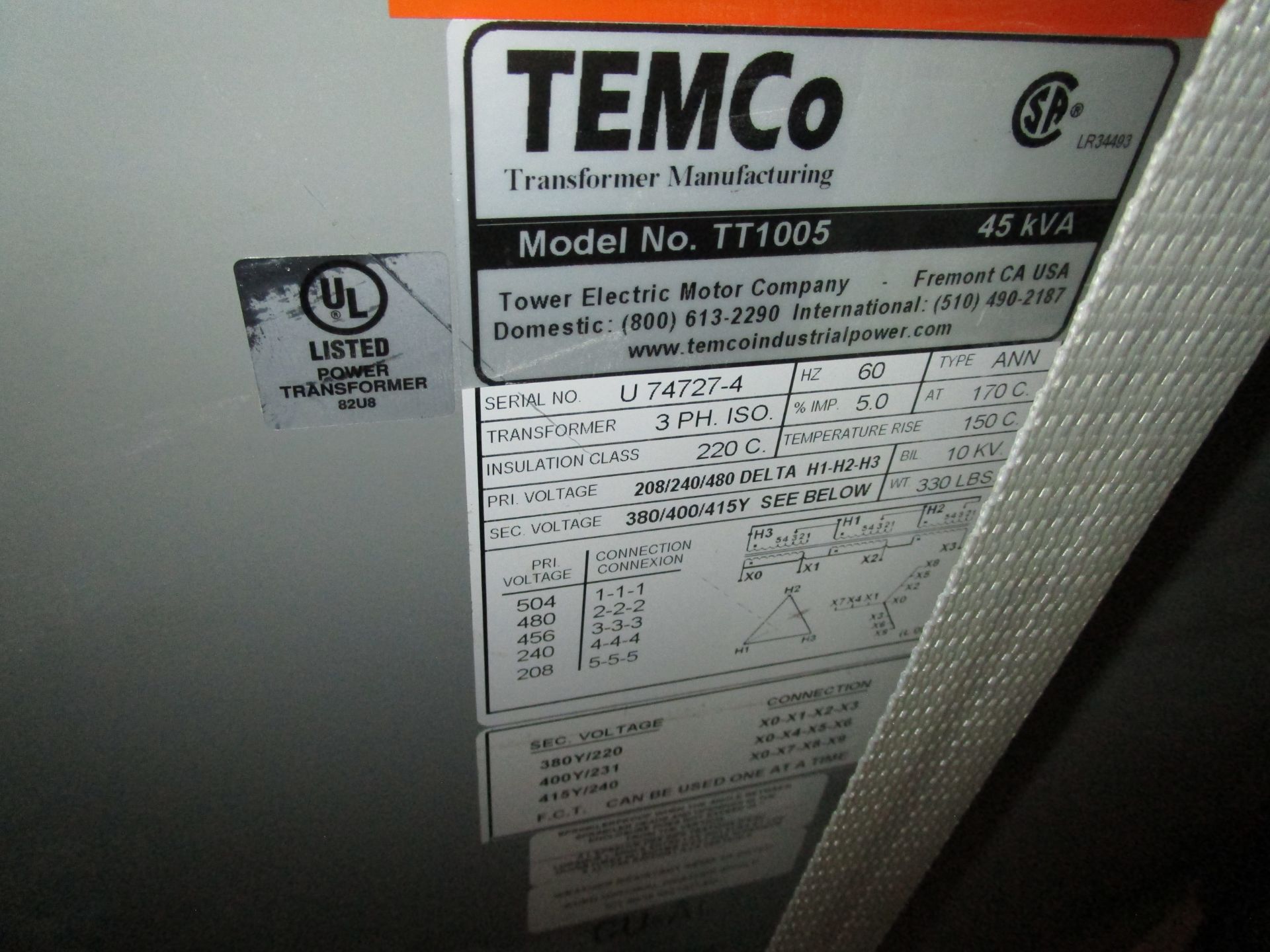 Temco TT1005 45 KVA Transformer s/n U74727-4 - Image 2 of 2