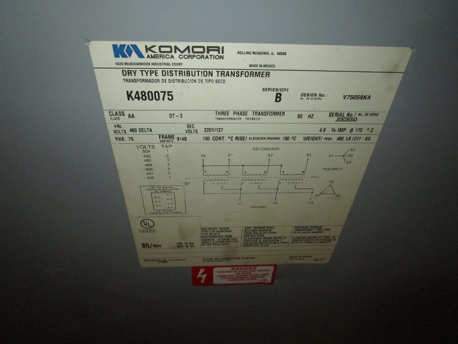 Komori K480075 Dry Type Dist. Transformer - Image 2 of 2