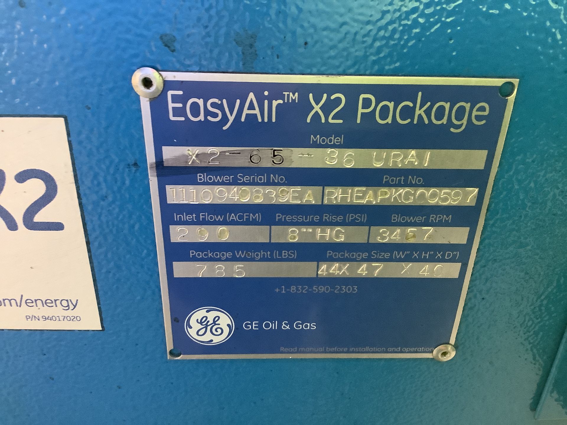 Roots EasyAir X2 vacuum system. Model X2-65-36 U-RAI. Blower serial # 1110940839EA. Part # - Image 5 of 8