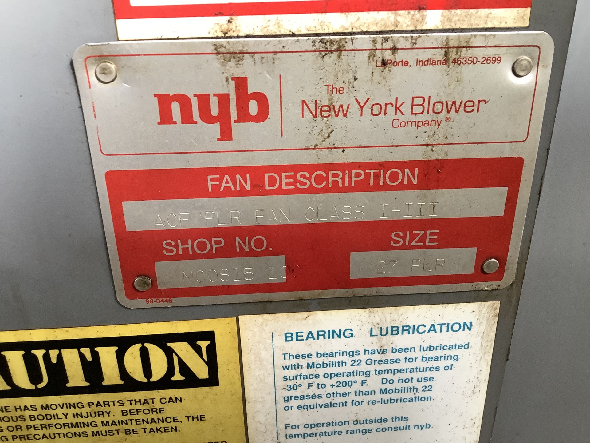 New York Blower Company. Fan description: ACF/PLR. Fan Class I-III. Shop # MOO815-100. Size: - Image 7 of 7