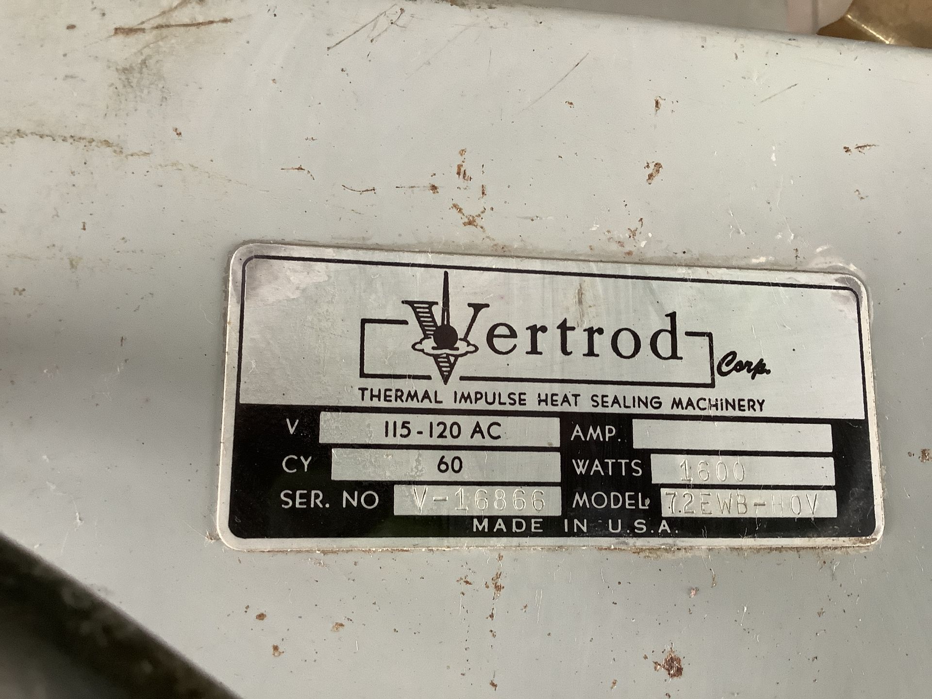 72” Vertrod Model 72 EWB-HOV sealer. Serial # V-16866. Age 1992. Voltage 115-120 AC, 60 hertz, - Image 6 of 8