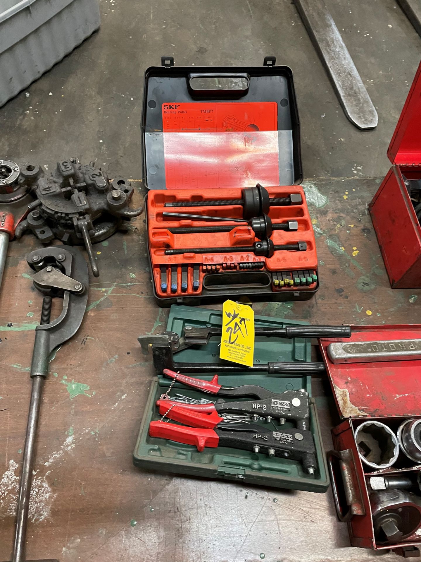 LOT Milwaukee Ratchet Set, Milwaukee Sawzall, Rigid Die Set, Bearing Pullers, Riveters on Table - Image 3 of 4