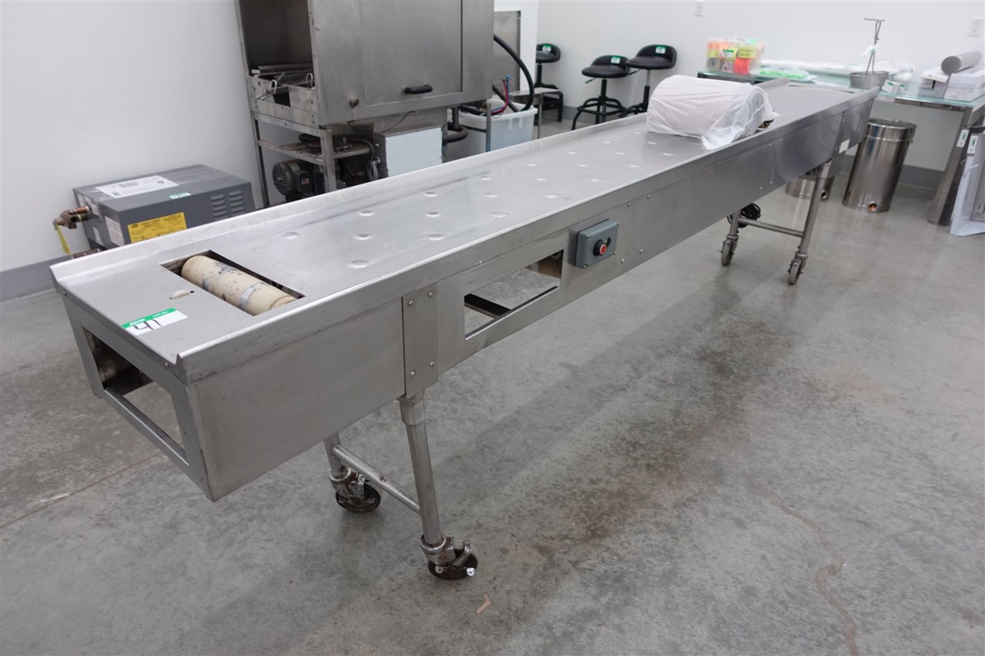 STAINLESS STEEL BELT CONVEYOR, 18.5 IN. X 142 IN., BELT WIDTH 11 IN.