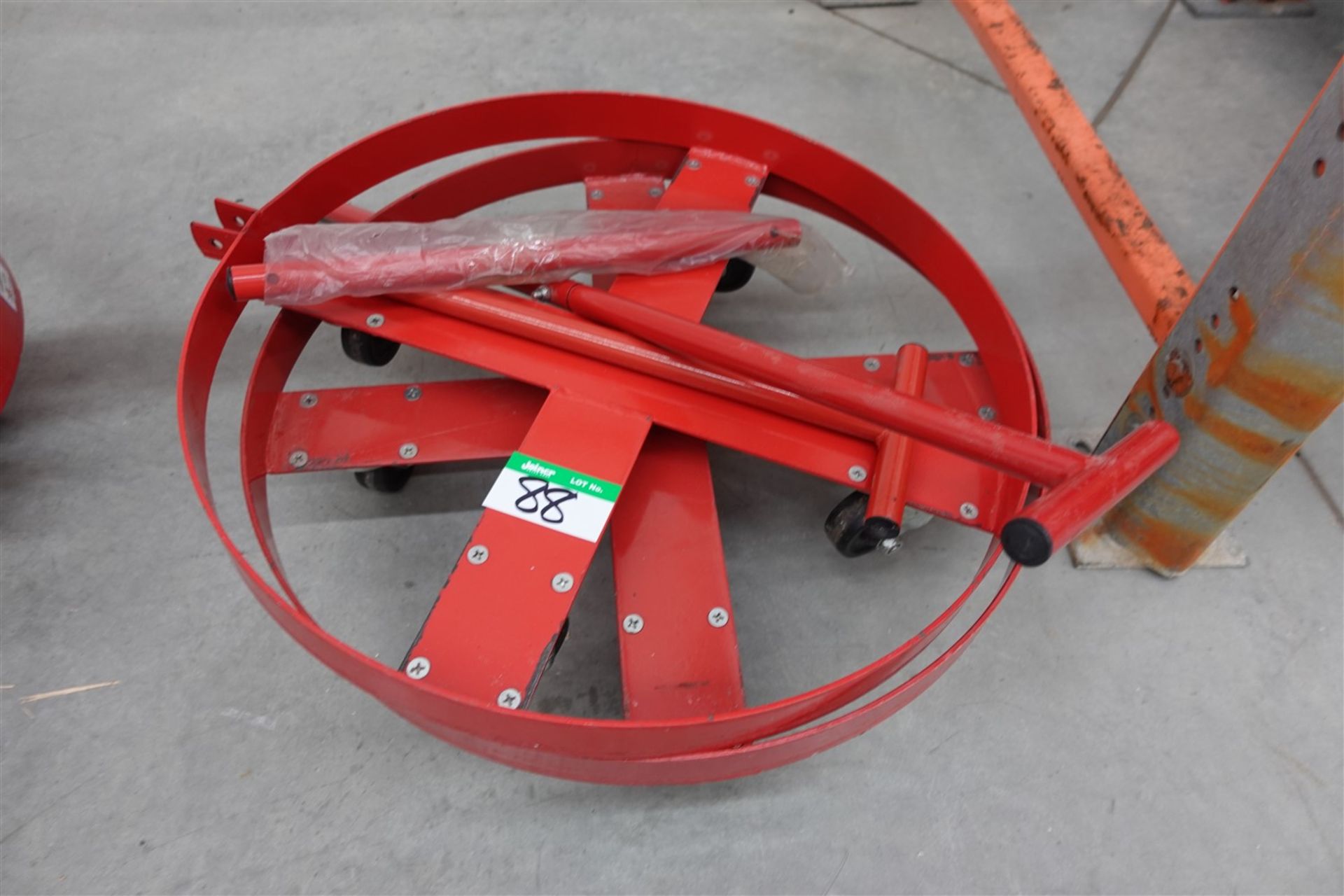 2 RED STEEL 24 IN. ROUND BARREL DOLLY W/HANDLES