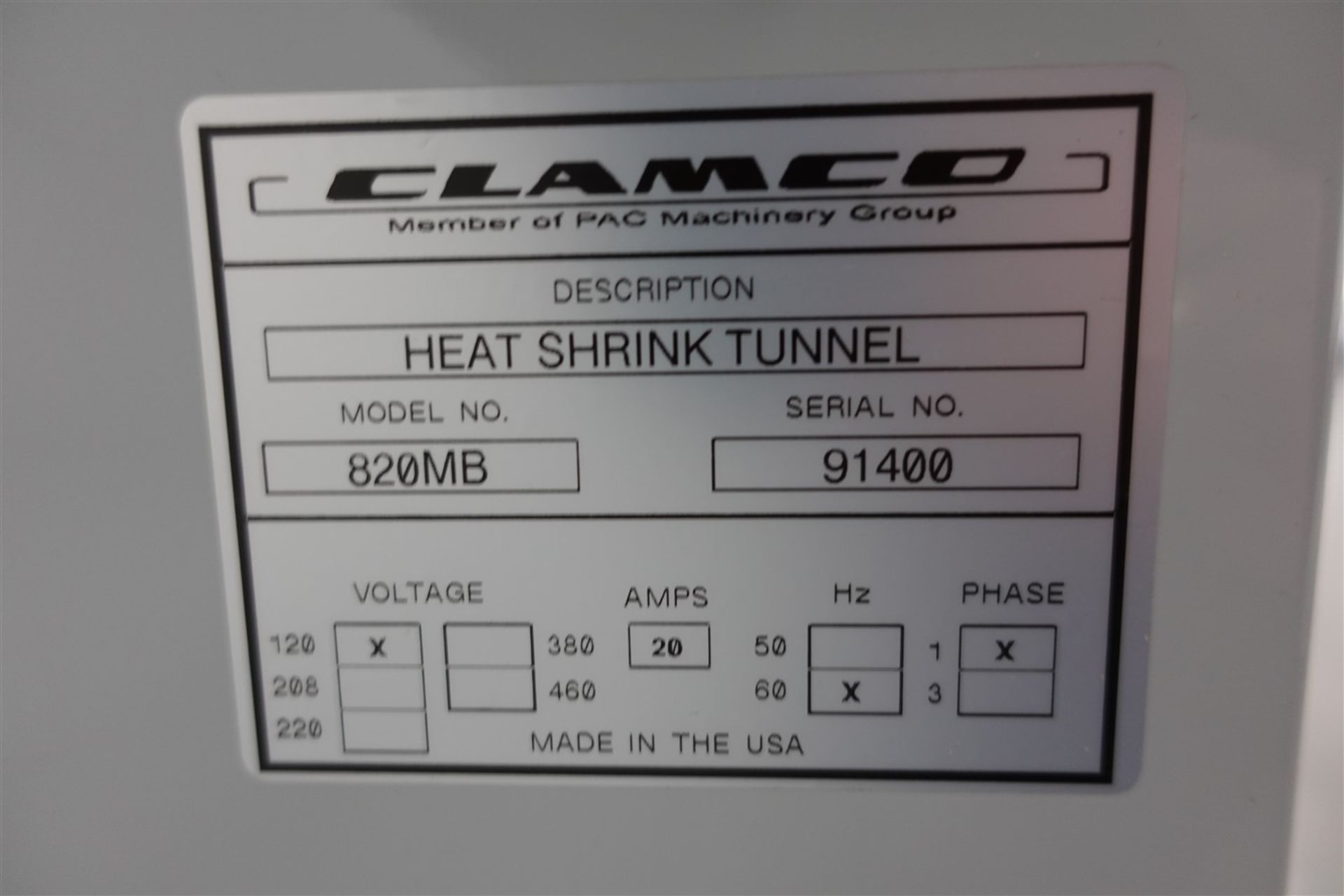 CLAMCO HEAT SHRINK TUNNEL, MOD. 820, 120V, 1PH, S/N 91401 - Image 5 of 5