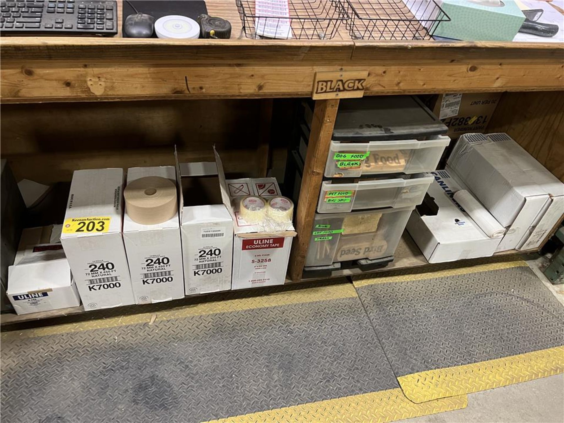 LOT: SHIPPING LABELS, BOX TAPE, 2.5-CASES OF CAN LINERS, 3-DRAWER PLASTIC STORAGE CABINET