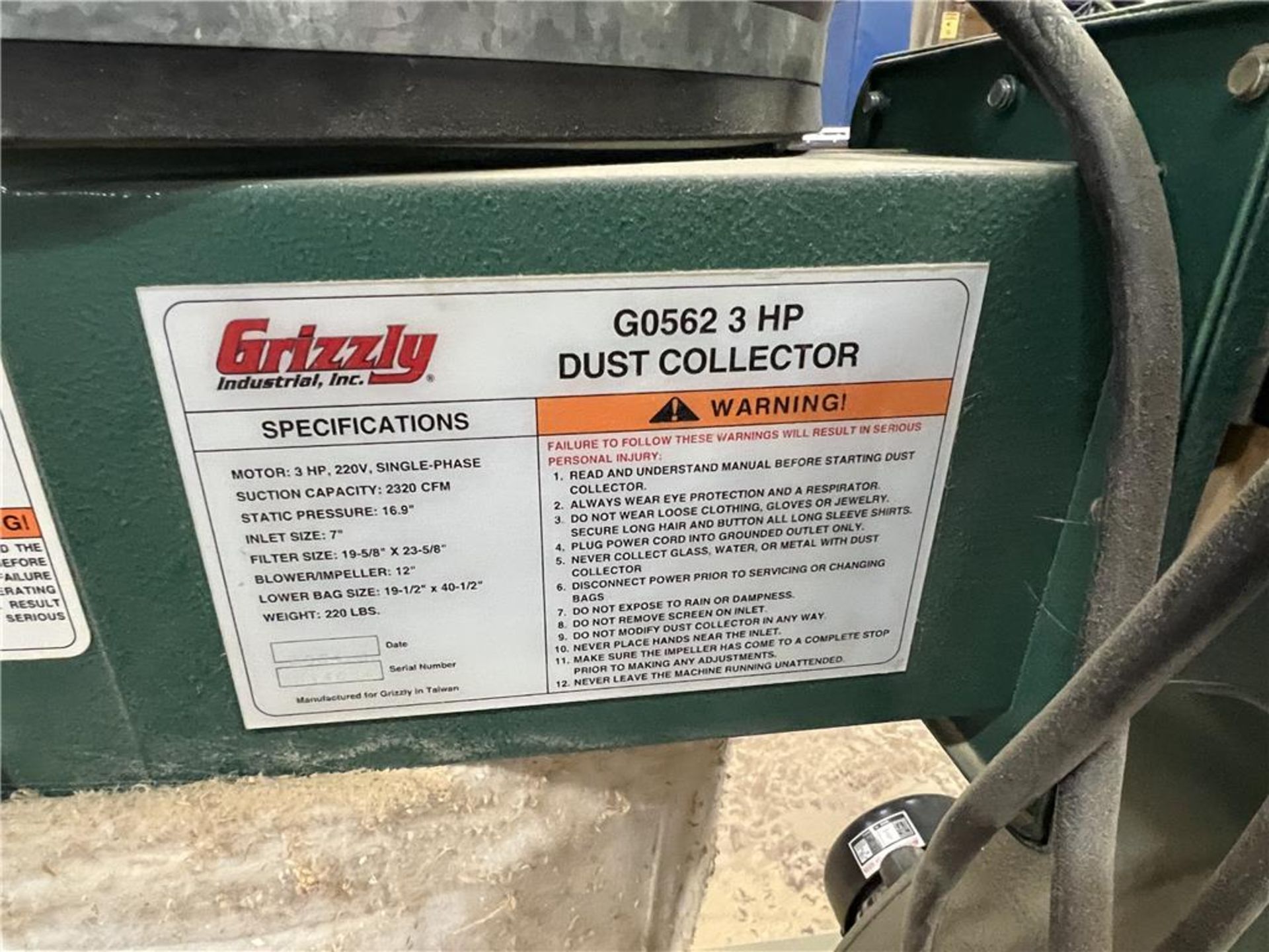 GRIZZLY G0562 3HP DUST COLLECTOR, SINGLE PHASE - Image 4 of 4