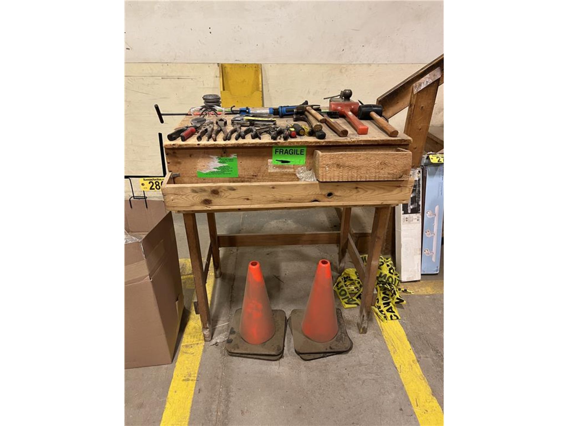 MISC. TOOL LOT W/TABLE: CAUTION CONES, HAMMERS, FORKLIFT HITCH, STAPLER