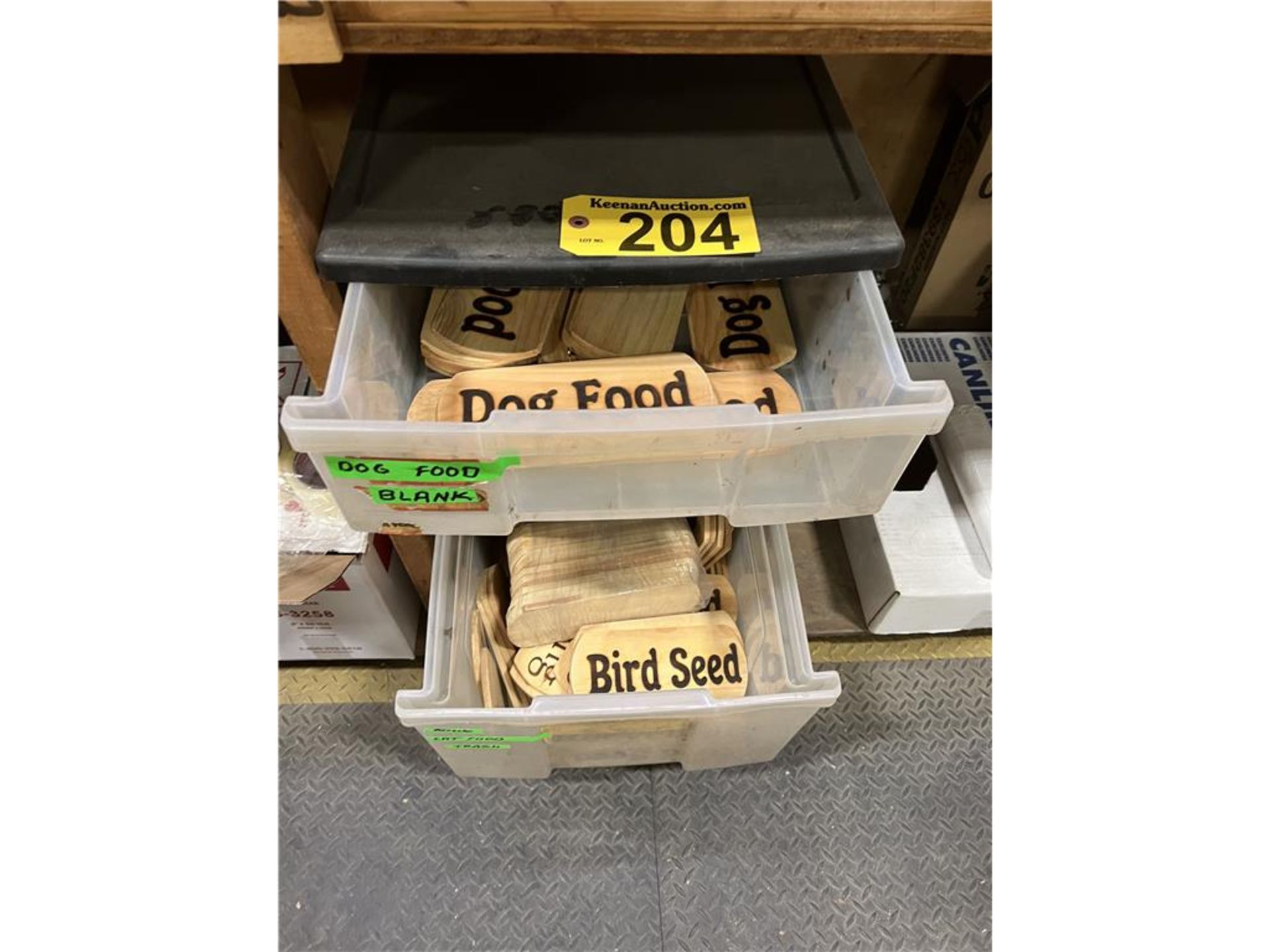 ASSORTED WOODEN SIGNS: CAT FOOD, DOG FOOD, BIRD SEED, RECYCLE, BLANKS