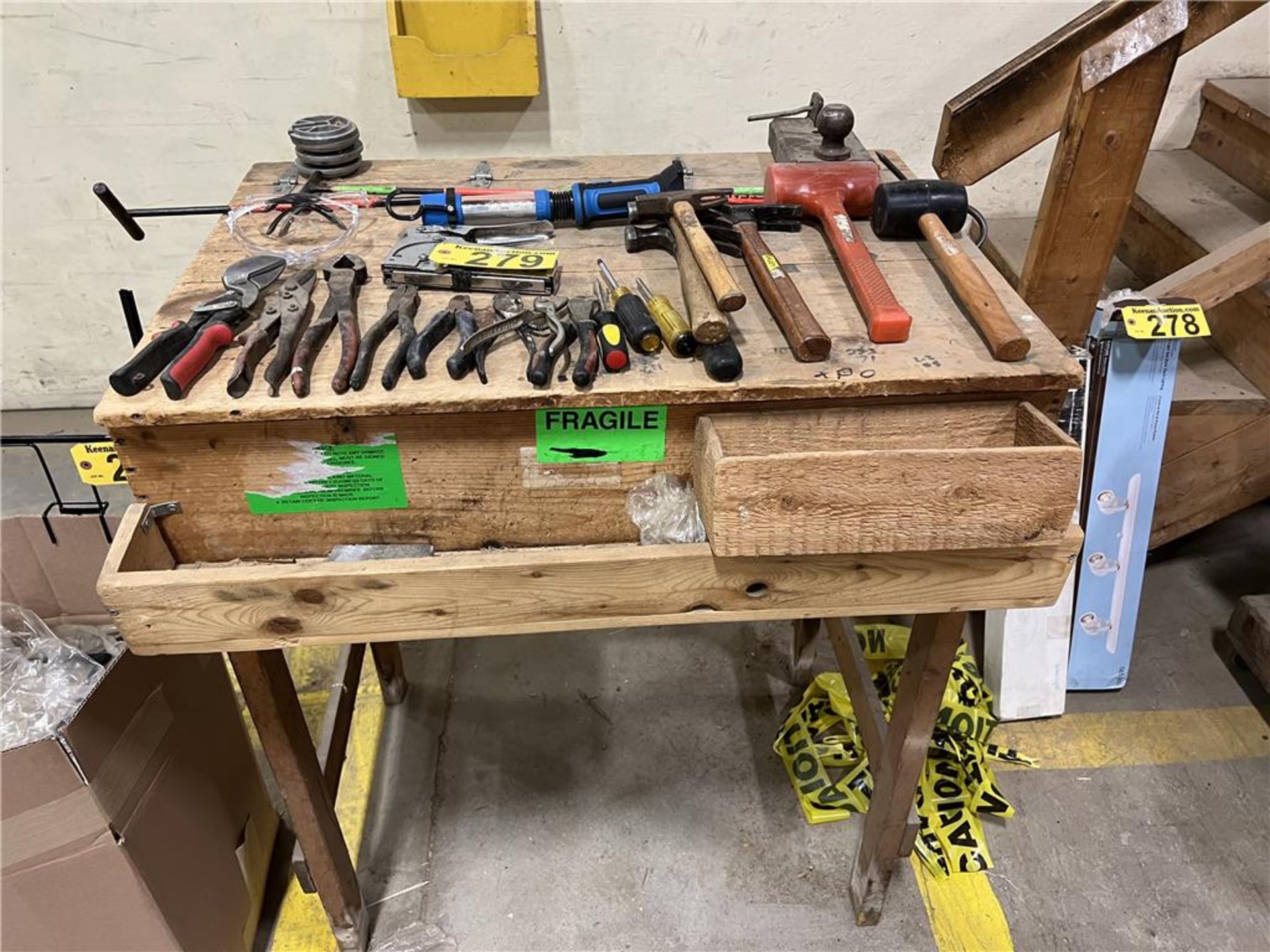 MISC. TOOL LOT W/TABLE: CAUTION CONES, HAMMERS, FORKLIFT HITCH, STAPLER - Image 2 of 2