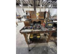 MOULDER WORK BENCH & TOOLS: ASSORTED SOCKETS, HAND TOOLS, C-CLAMPS