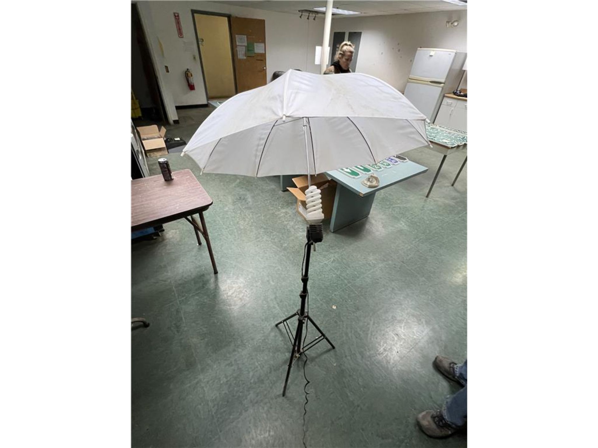 LOT: 4-TRIPODS, DRAPE & 2-LIGHTING UMBRELLAS