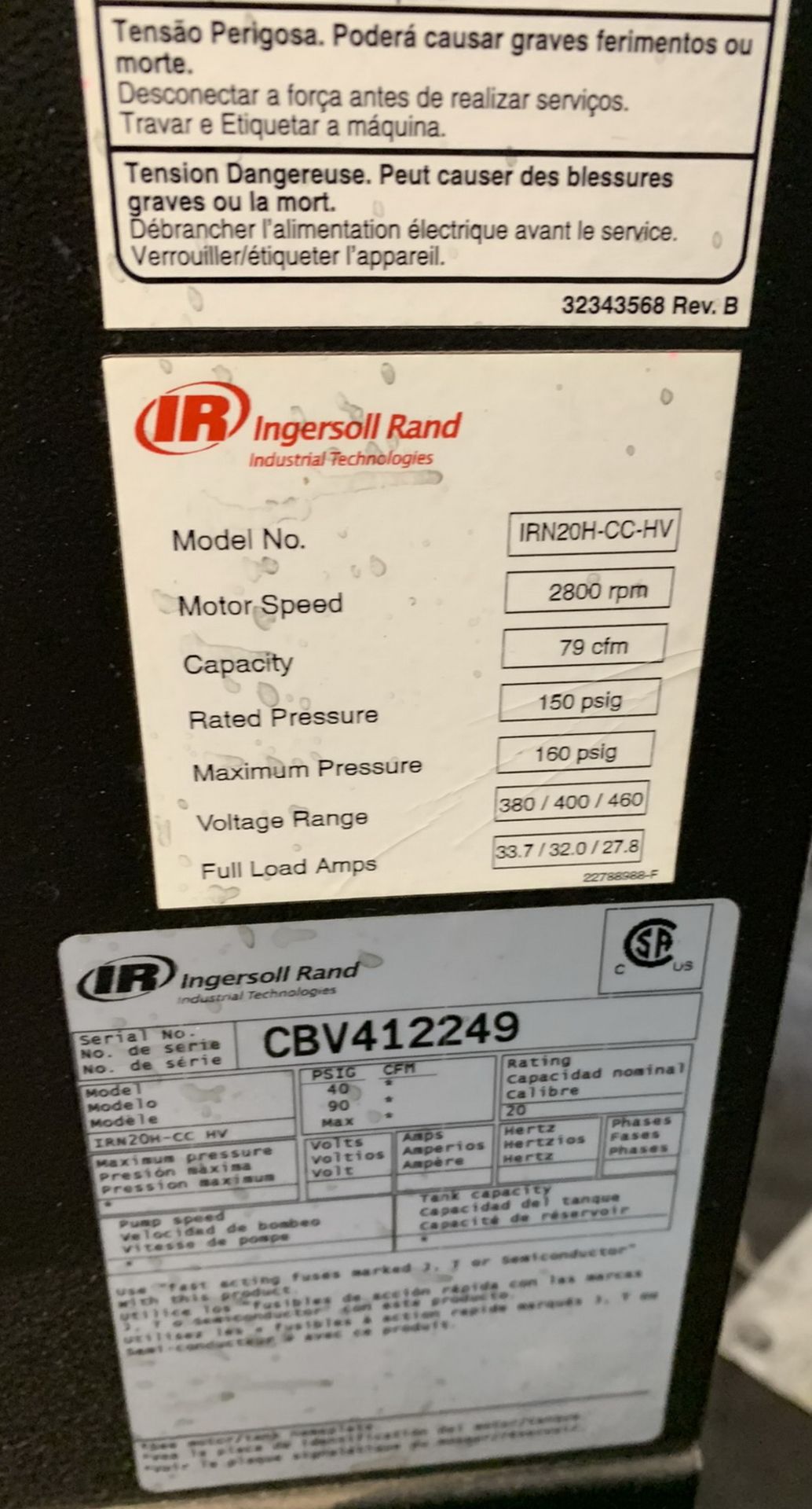 INGERSOLL RAND 20 HP SCREW TYPE AIR COMPRESSOR - Image 5 of 5