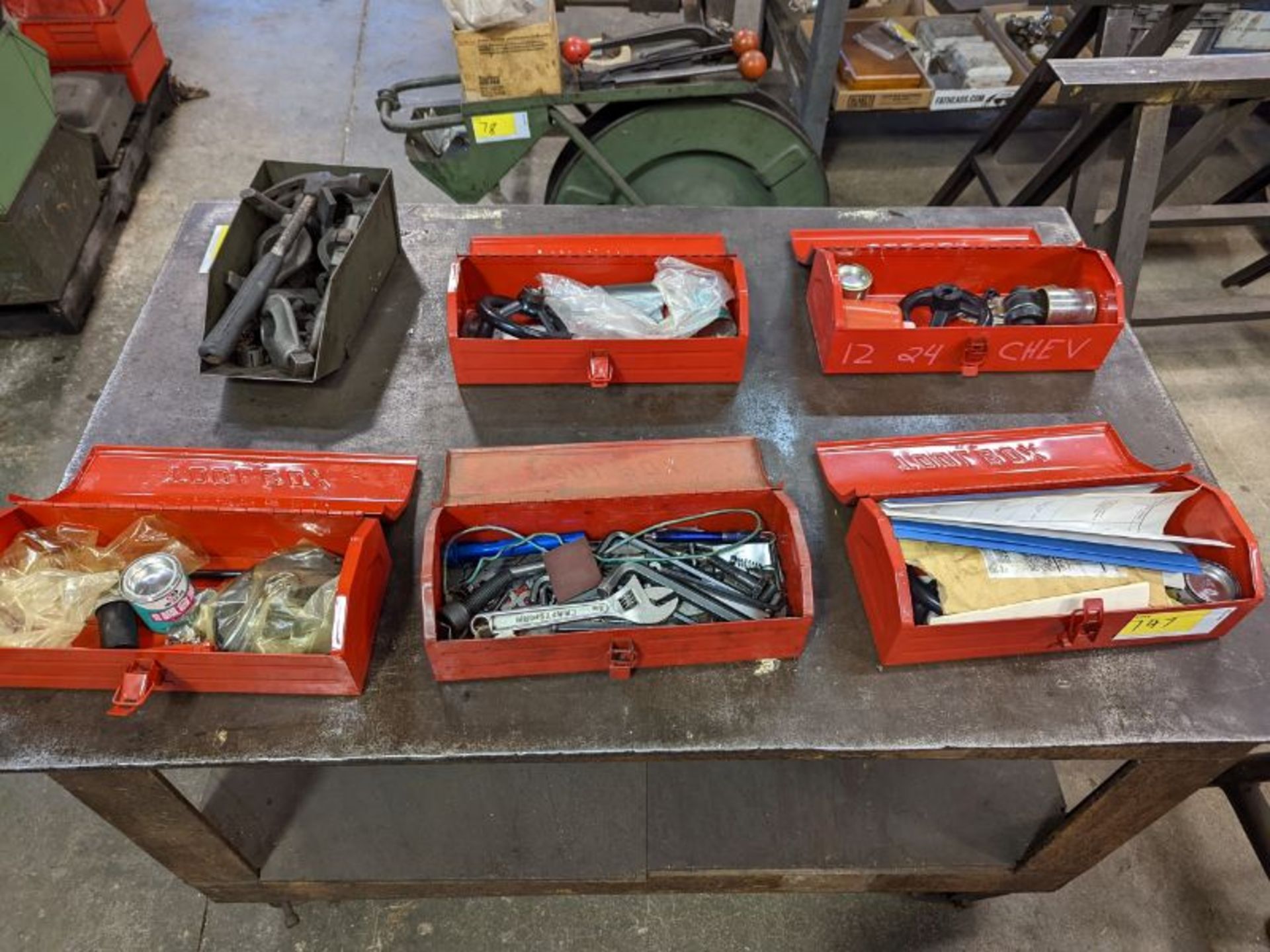 (5) Red Toolboxes 14"x6" and Tool Bin with Misc Tools