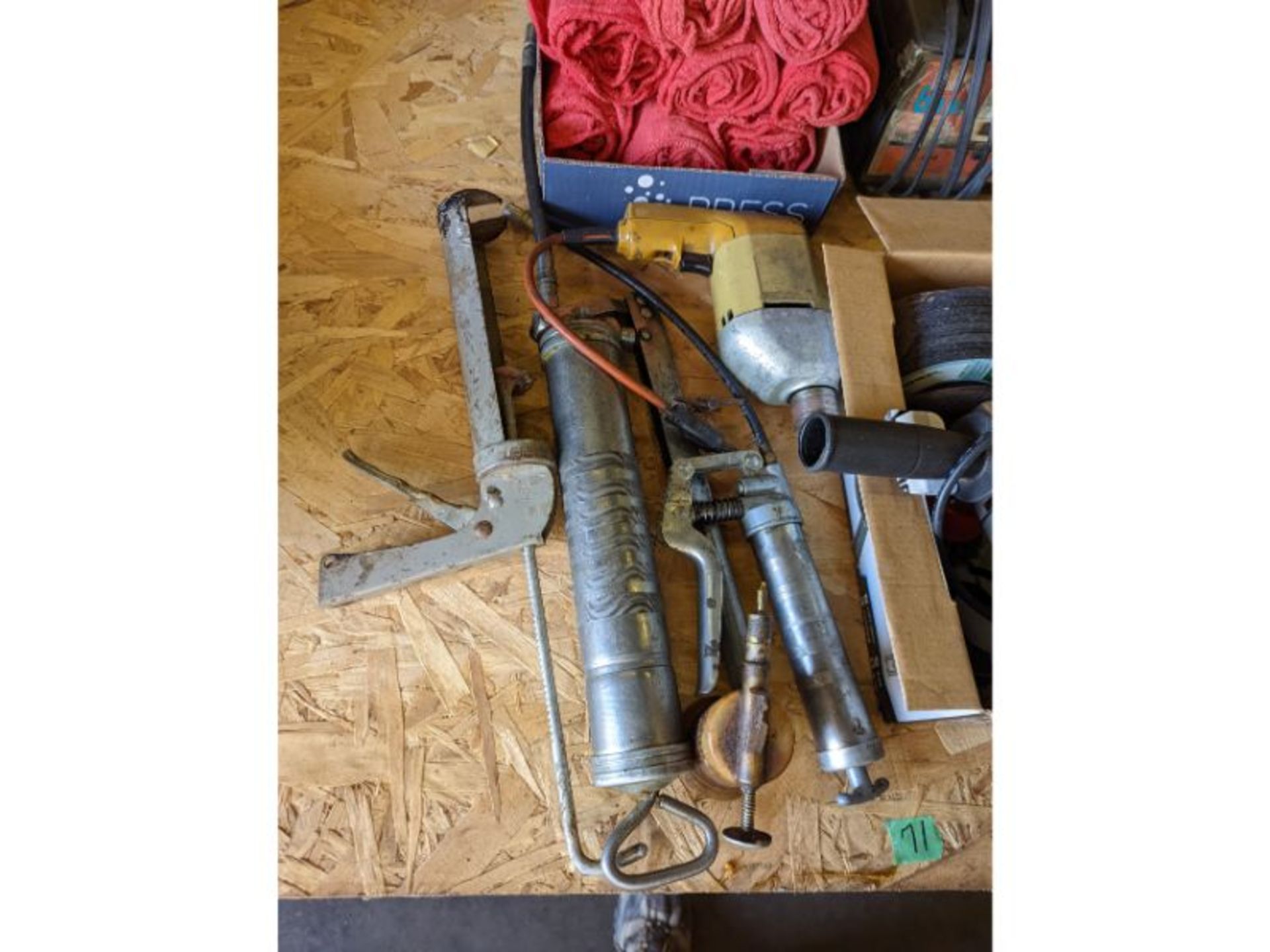 Grease Guns, Misc. Angle Grinder, Drill, Rags, Battery Charger - Image 5 of 6