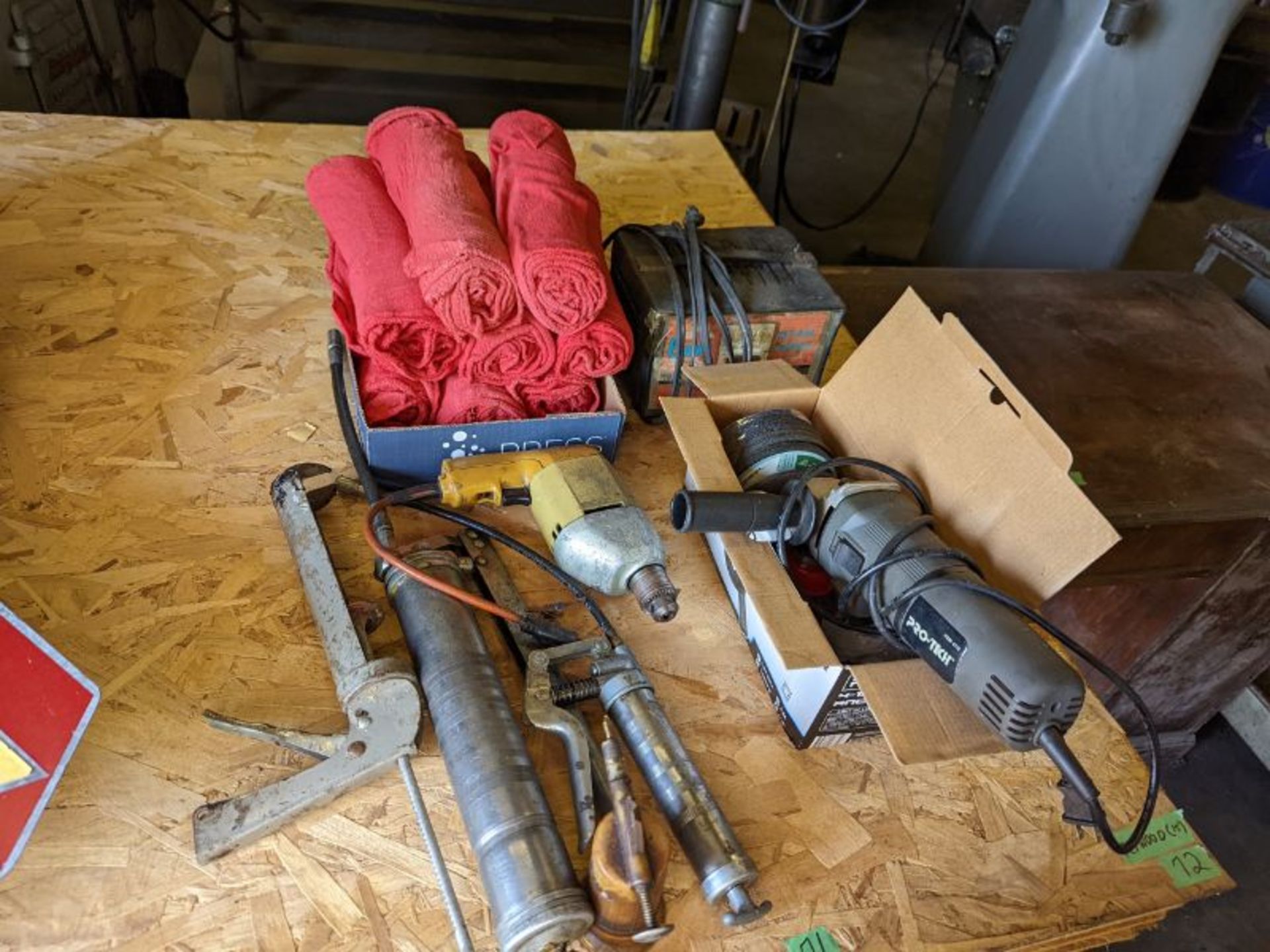 Grease Guns, Misc. Angle Grinder, Drill, Rags, Battery Charger