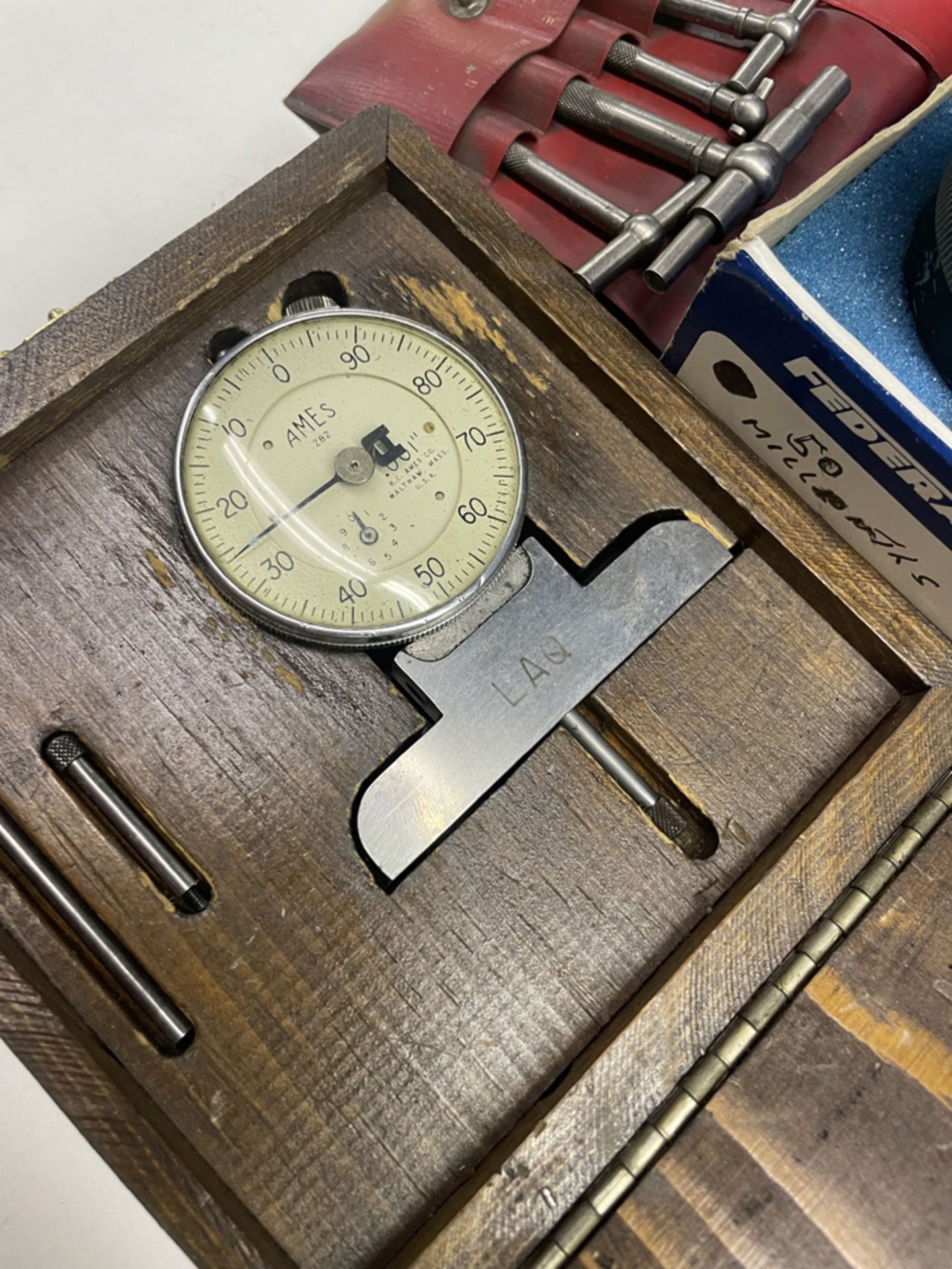 Lot including: 2-Federal .0001" Gages, Gage Stand, 1-Ames Gage in Wood Box, 2- - Image 2 of 3