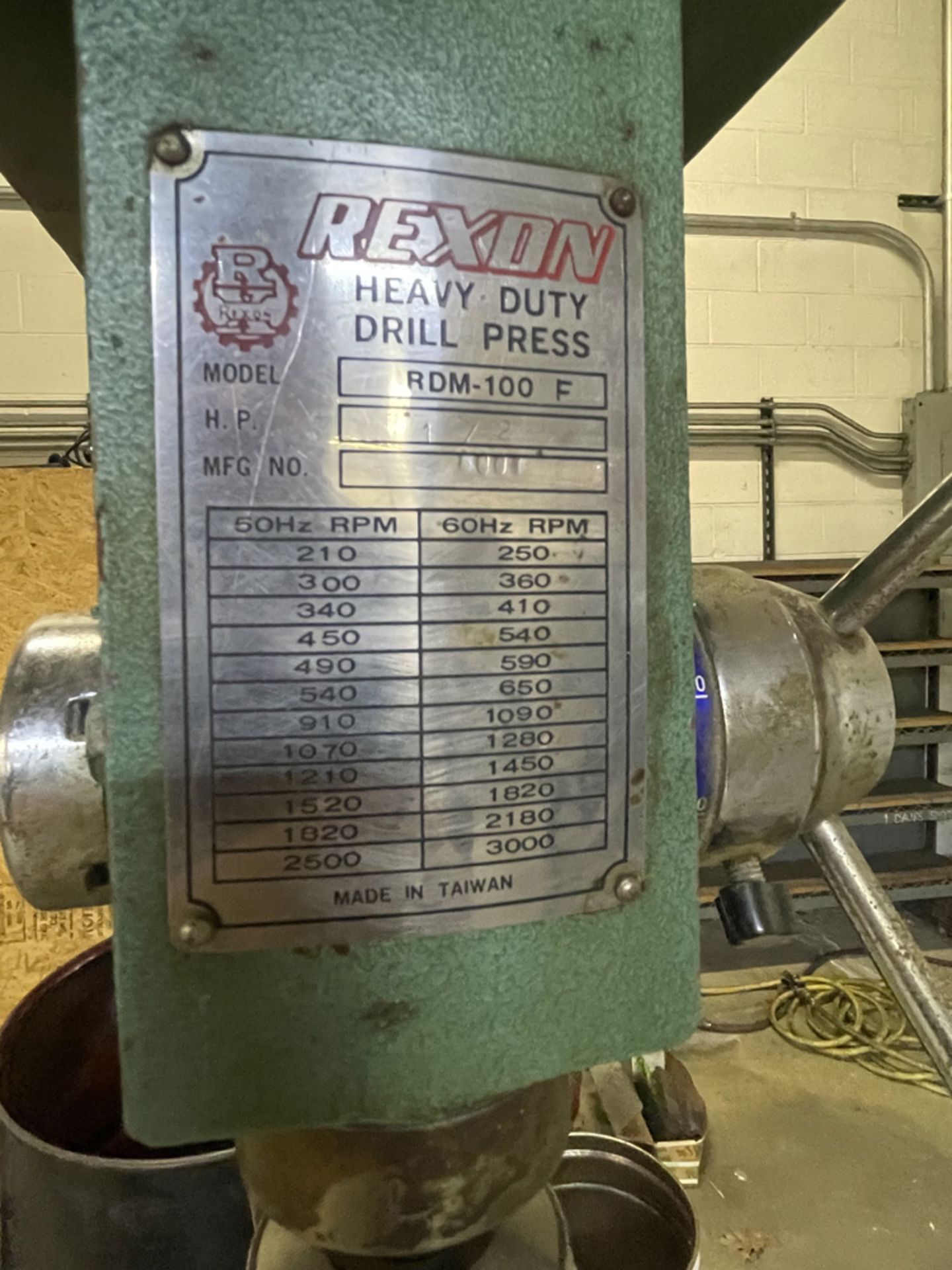 Rexon Heavy Duty Drill Press Model RDM100F, 1/2 HP Motor, 12" Dia. Table. 110 Volt - Image 2 of 3