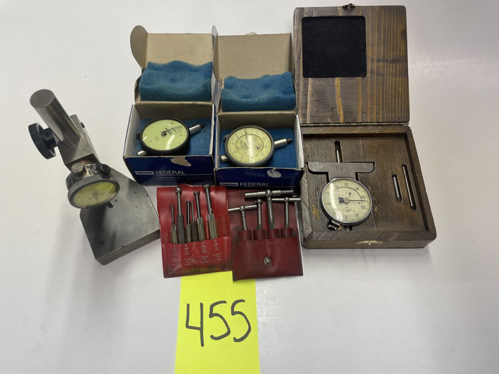 Lot including: 2-Federal .0001" Gages, Gage Stand, 1-Ames Gage in Wood Box, 2-