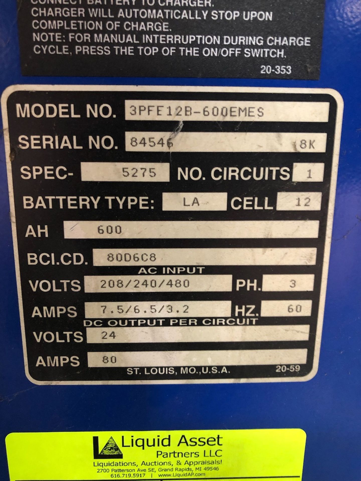 EnerSys Mark I 24V Charger Model 3PFE12B-600EMES - Image 2 of 2