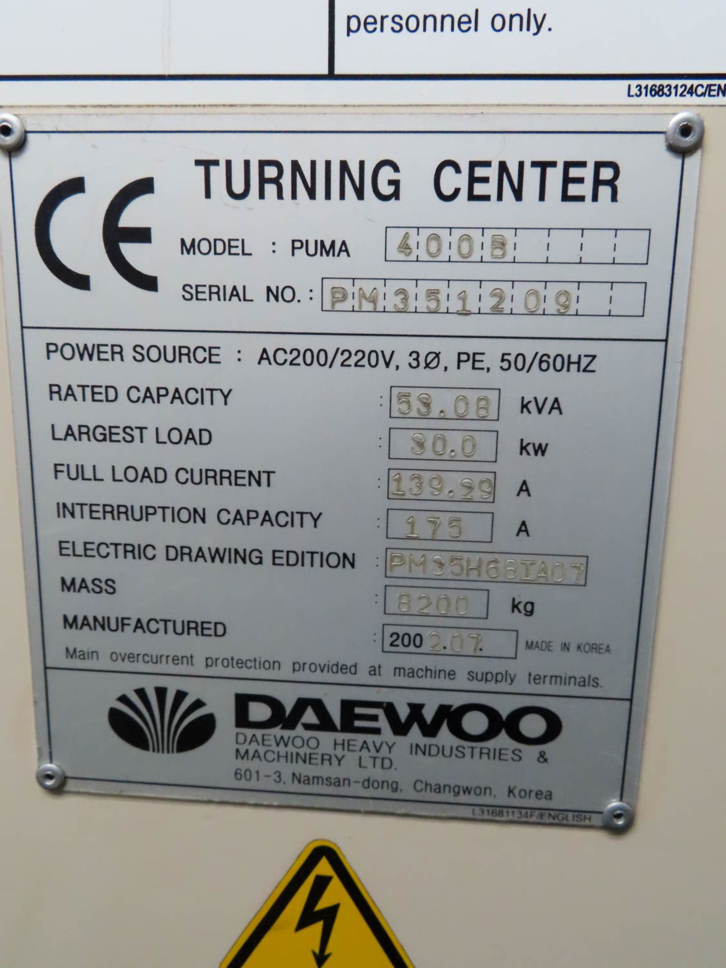 Daewoo Puma 400B CNC Turning Center, Fanuc 18iTB CNC Controls, 28" Swing Over Bed, (2002) - Image 7 of 8