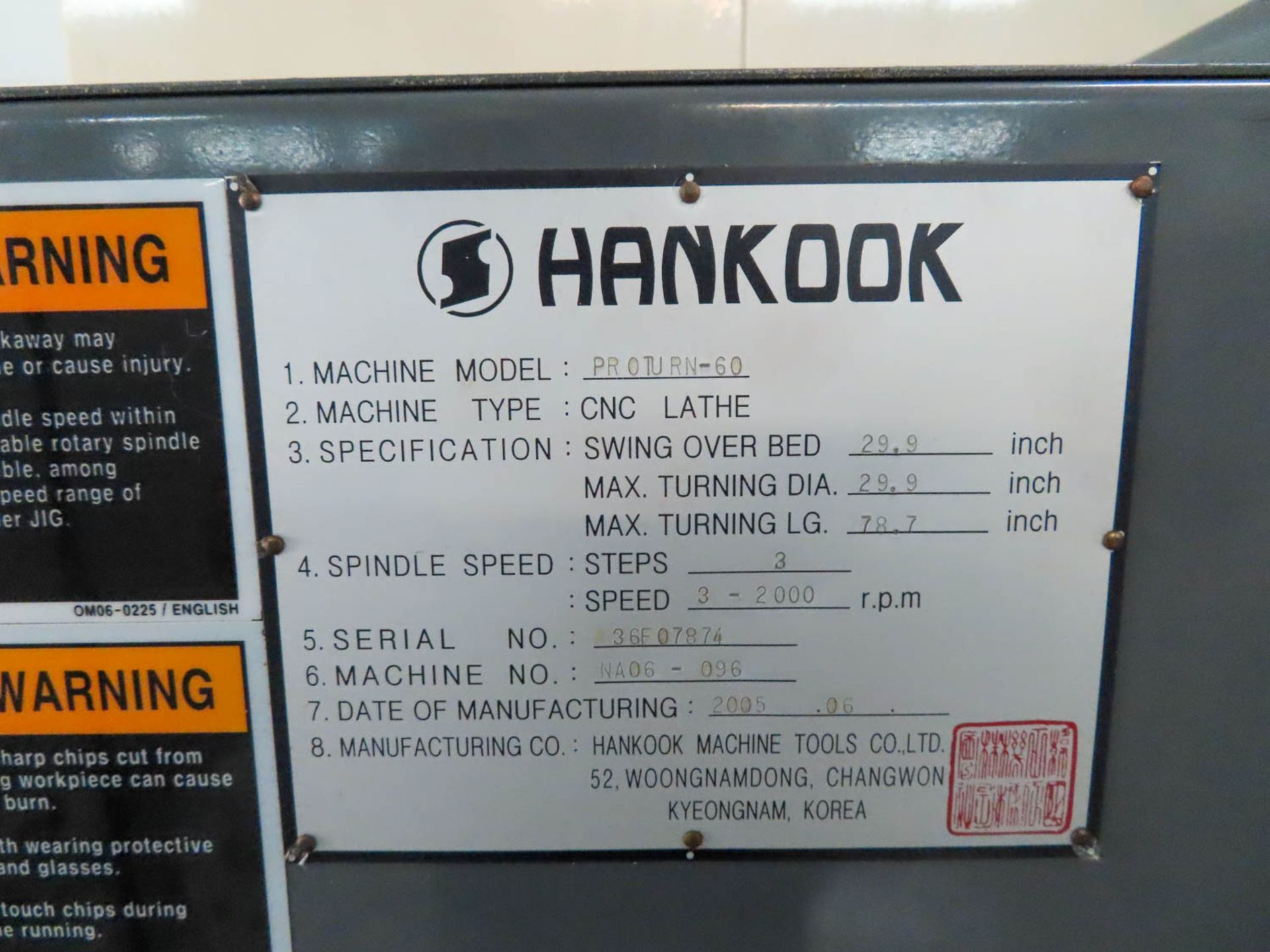 Hankook Proturn 60 X 2000 CNC Lathe, Fanuc 18iTB CNC, 29.9" Swing Over Bed, 29.9" Max. Turning(2005) - Image 6 of 10