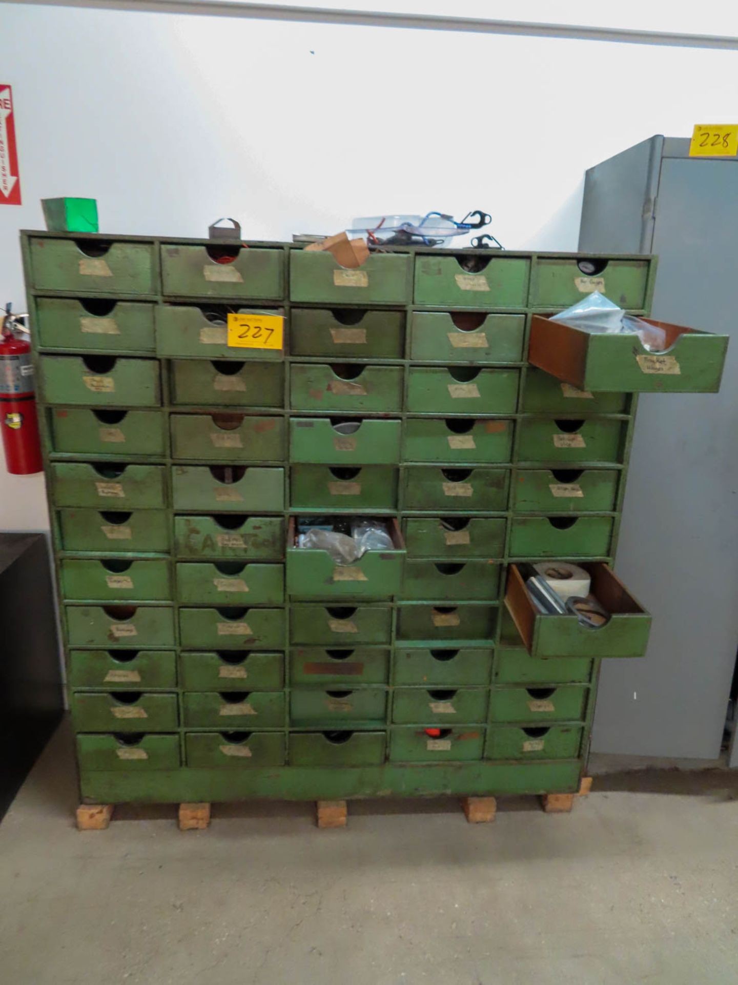50 Drawer Wooden Cabinet With Electrical, Hardware, Air Gages, Etc.
