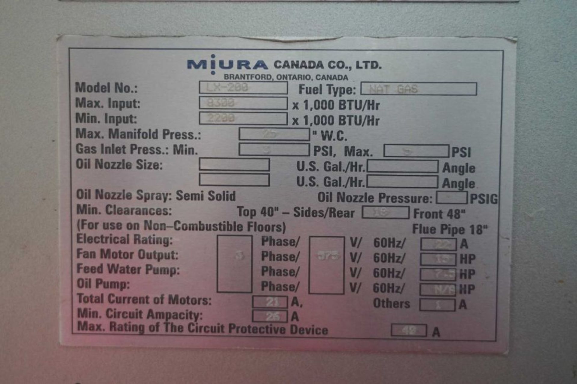 Muira LX-200SG-07-LV MUIRA Natural Gas Steam Boiler Maximum Allowable Working Pressure 170 PSI, - Image 8 of 9