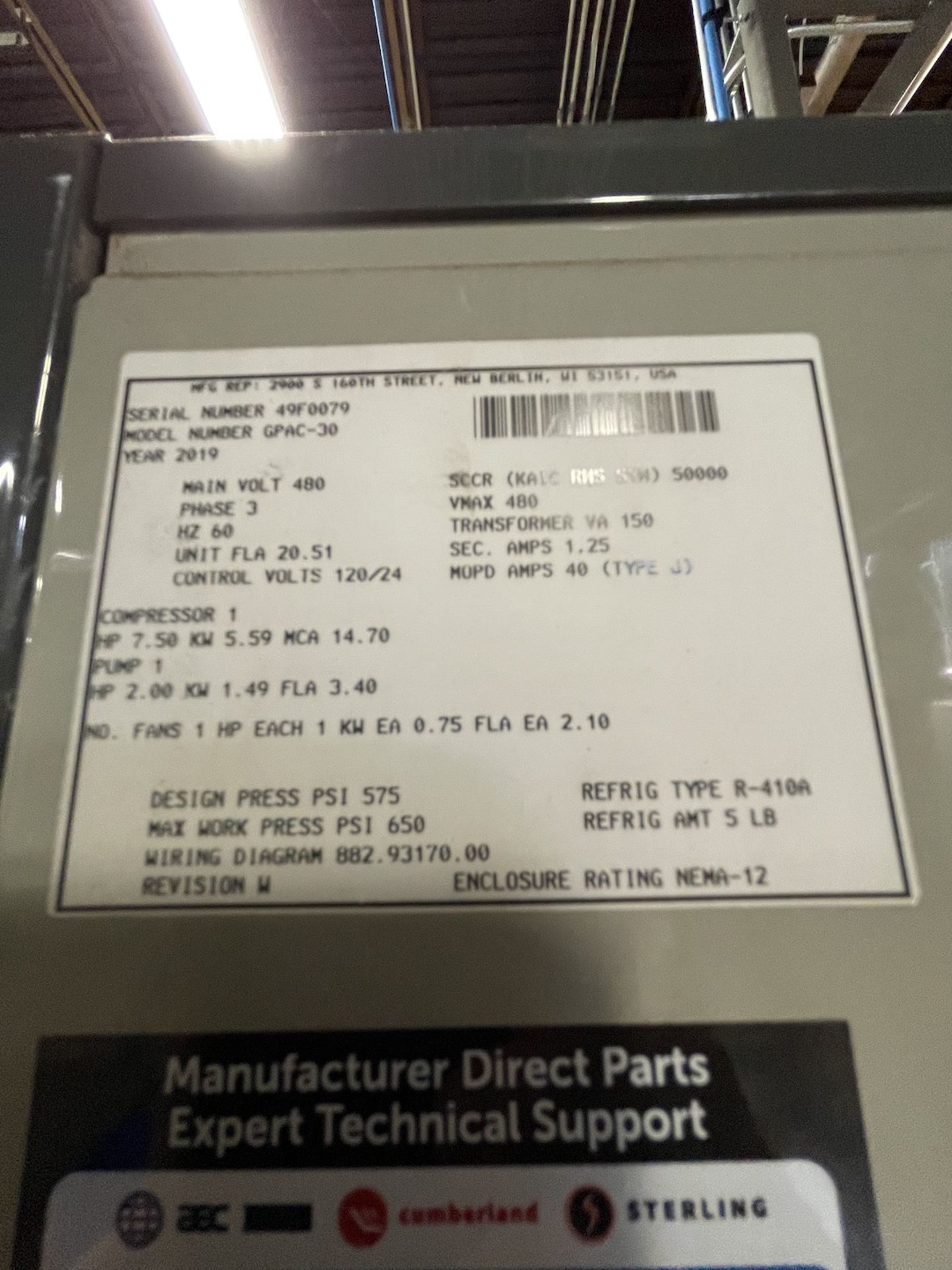 AEC WHITLOCK PACKAGED CHILLER, MODEL GPAC-30, S/N 49F0079, R-410A REFRIGERANT, (1) 7.5 HP - Image 3 of 3