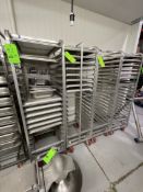 (4) CHANNEL ALUMINUM BAKING PAN RACK, MODEL 401A, INCLUDES APPROX. (30) BAKING SHEET PANS, MIX OF