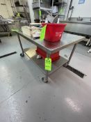 PORTABLE S/S TABLE WITH SHELF, MOUNTED ON CASTERS, 53" X 32" X 30"