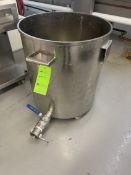 PORTABLE S/S TANK WITH OUTLET BALL VALVE, MOUNTED ON CASTERS, APPROX. 28" L X 26" W, WITH SIDE