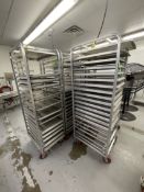 (5) CHANNEL ALUMINUM BAKING PAN RACK, MODEL 401A, INCLUDES APPROX. (105) BAKING SHEET PANS, MIX OF