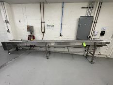PORTABLE S/S INCLINE CONVEYOR, APPROX. 192" L X 14" W X 41" H MAX (AT OUTFEED), APPROX. 26" H