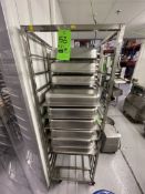 (2) STEAM TABLE / WARMING PAN RACKS, INCLUDES APPROX. (18) WARMING / STEAM TABLE PANS, APPROX.