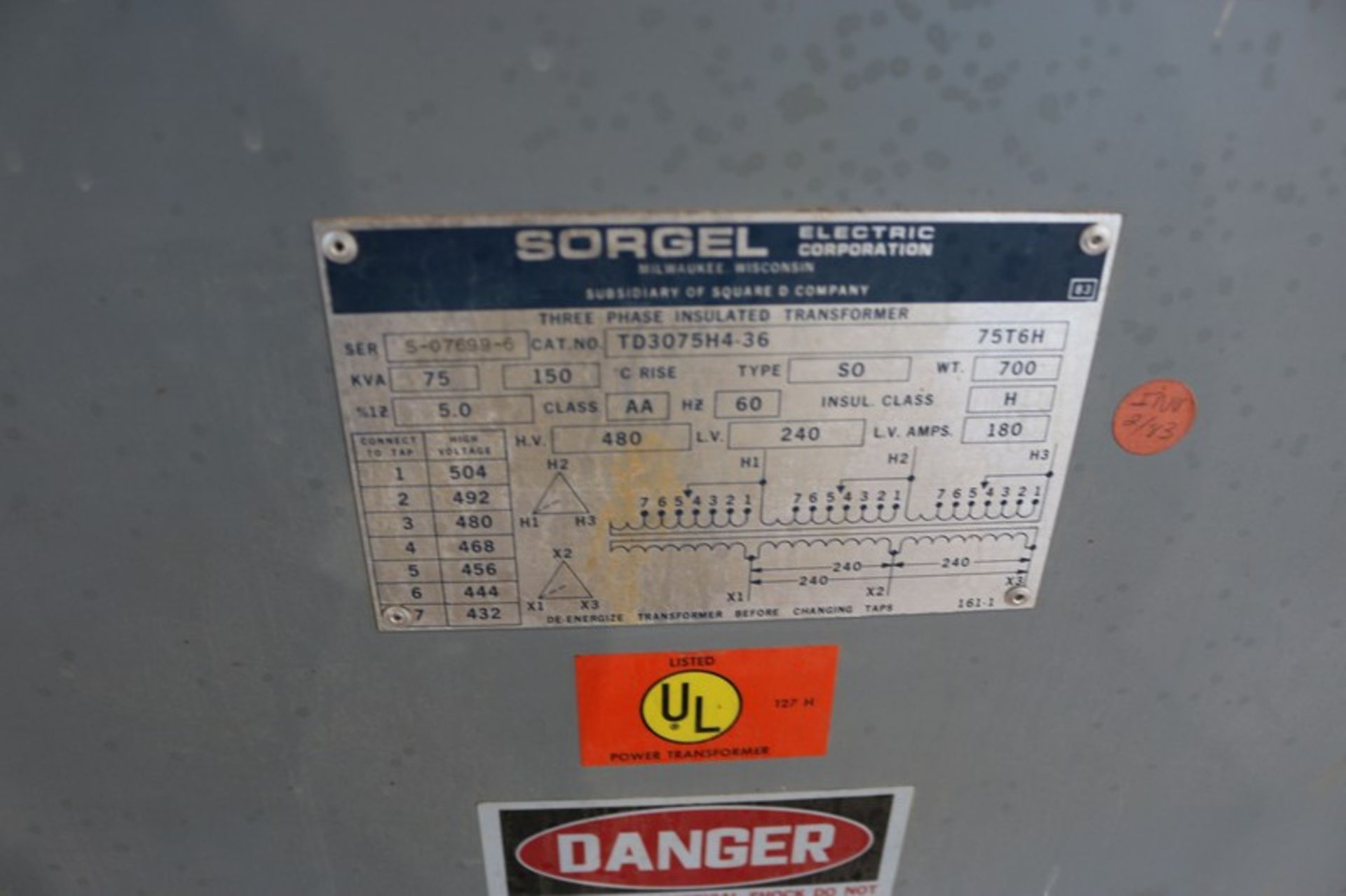 Sorgel Electric Corp. Transformer, S/N S-07699-6, Cat. No. TD3075H-36, 75 KVA(INV#82293)(Located @ - Bild 3 aus 5