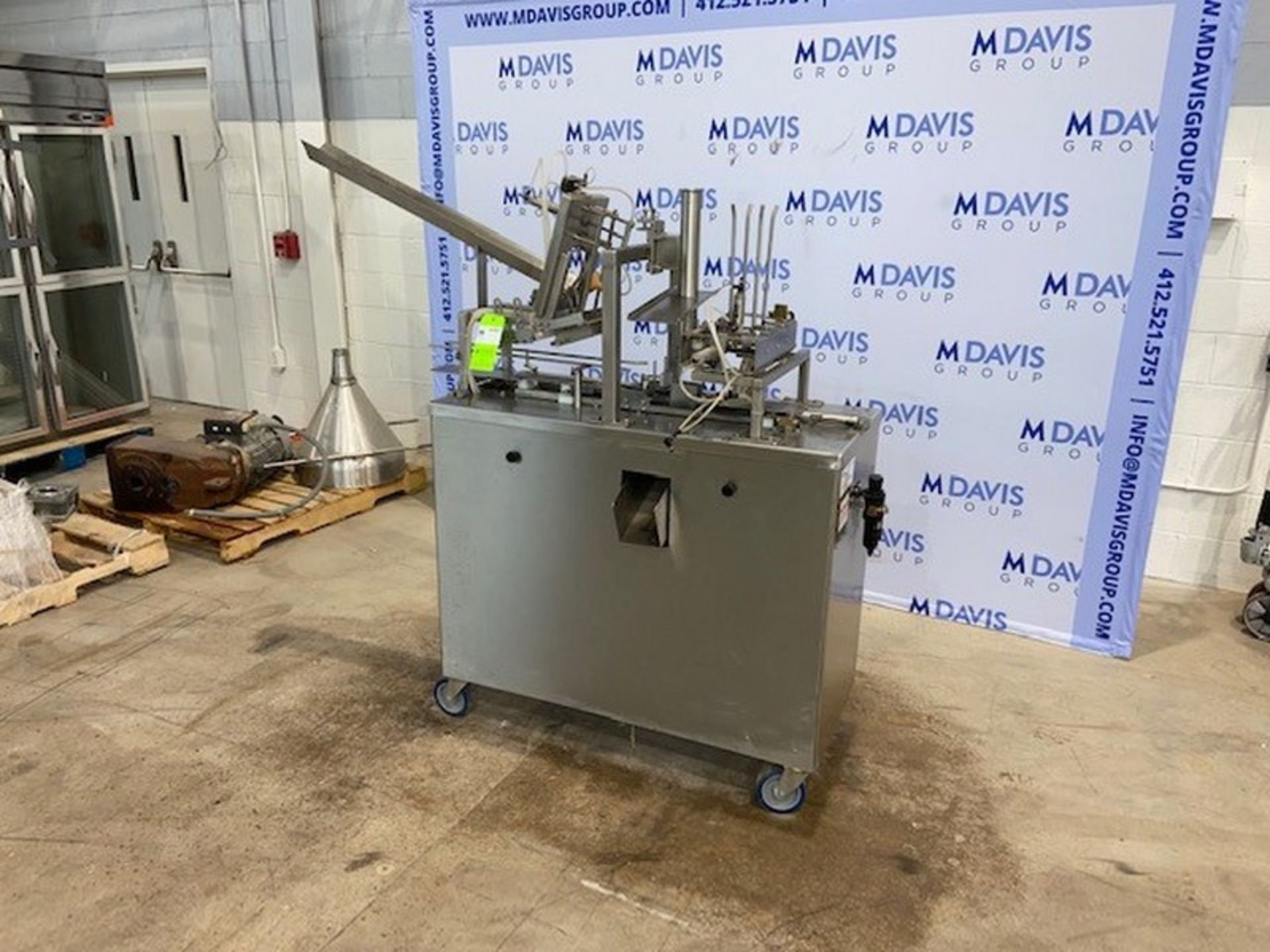 Tindall Packaging Inc. Automatic Ice Cream Pint Filler, M/N 814, with S/S Discharge Chute, Mounted - Image 2 of 7