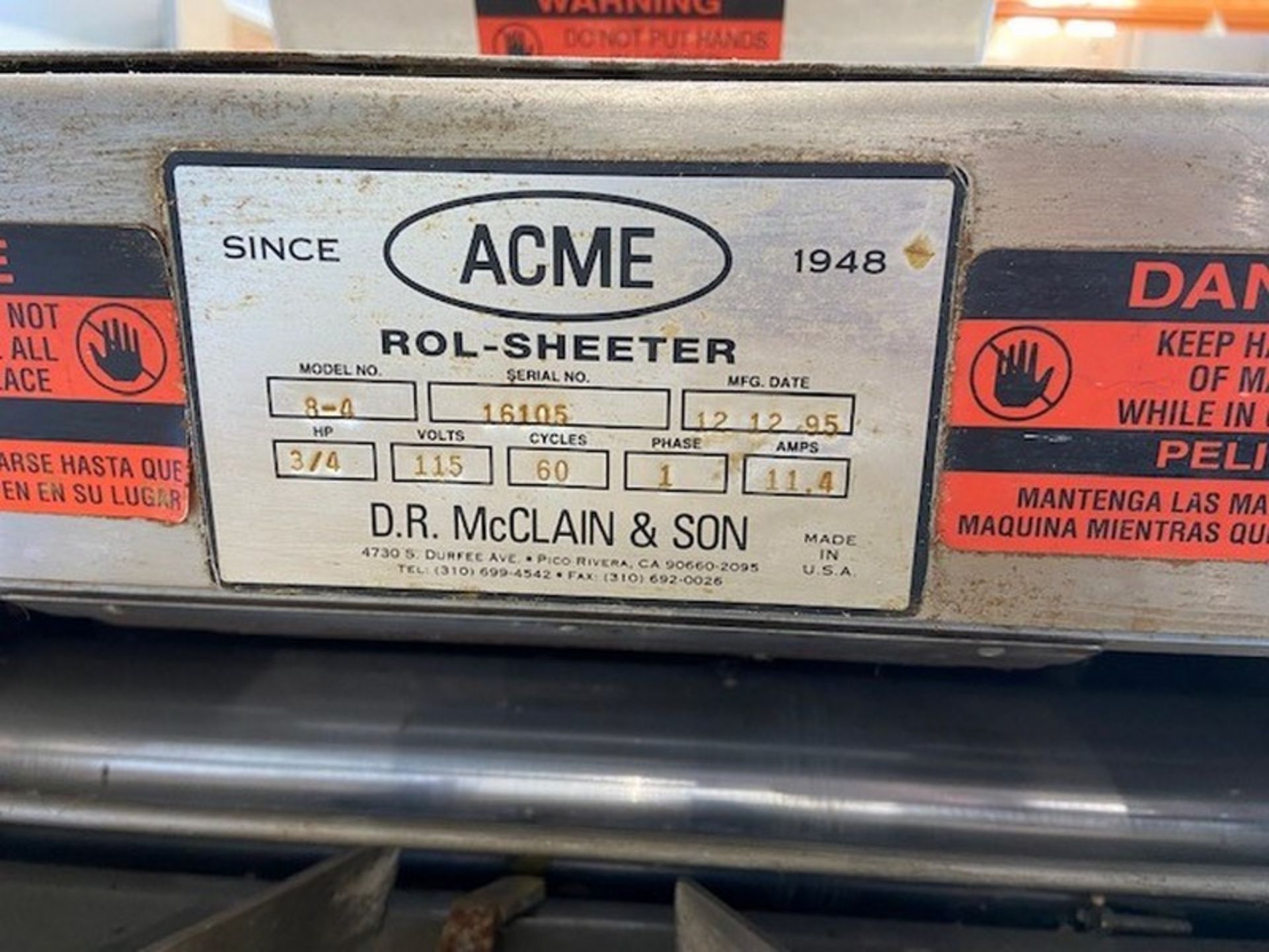 Acme Roll-Sheeter, M/N 8-4 , S/N 16105, with 3/4 hp Motor, 115 Volts, 1 Phase, Set Up with Single - Image 4 of 5