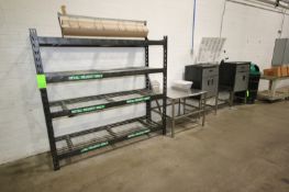 (2) Gladiator Cabinets on S/S Stand, with (1) S/S Table, with (1) Gladiator 4-Shelf Unit, with
