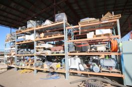 Contents of 4-Sections of Pallet Racking, Includes Assorted Motors, Drives, (3) Forklift Battery