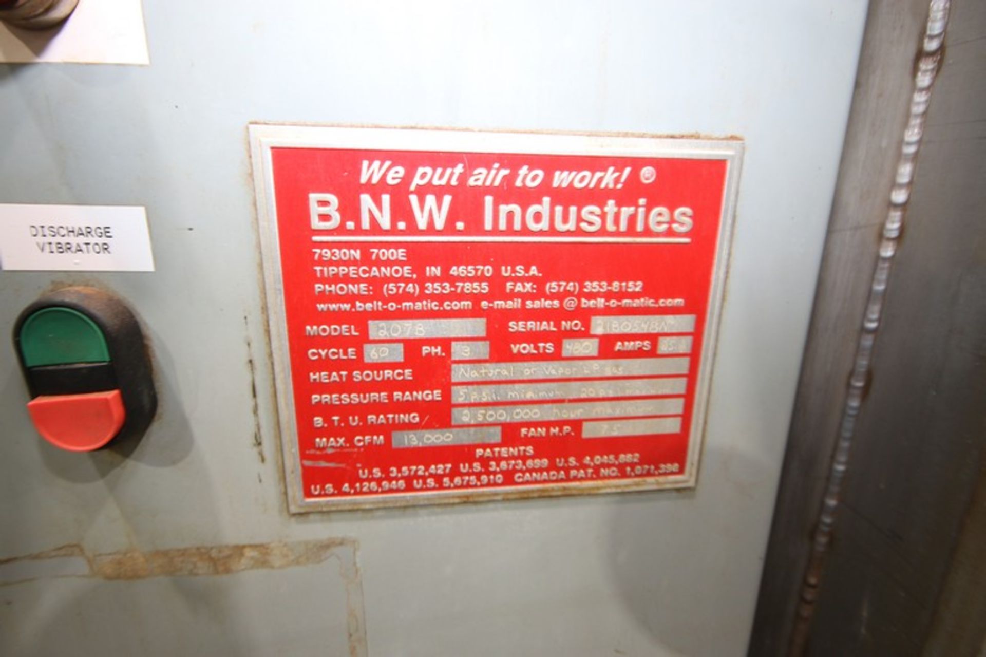 B.N.W. Industries S/S Dryer, M/N 207B, S/N 2180548N, 480 Volts, 1 Phase, Heat Source: Natural or - Image 6 of 12