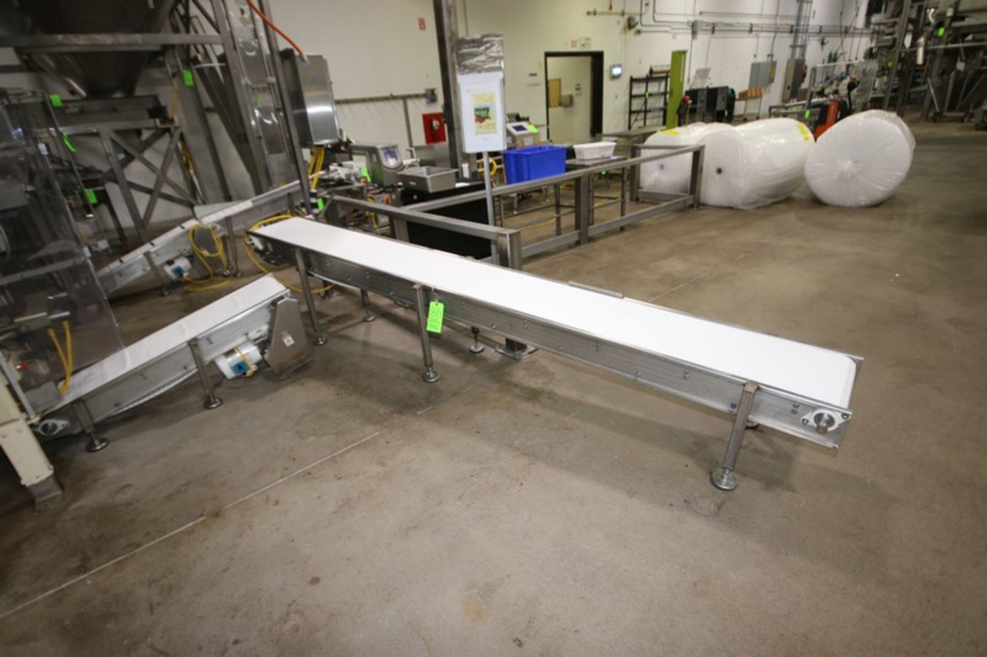 Straight Section of S/S Product Conveyor, Aprox. 12 ft. L with Aprox. 14" W Plastic Belt, Mounted on