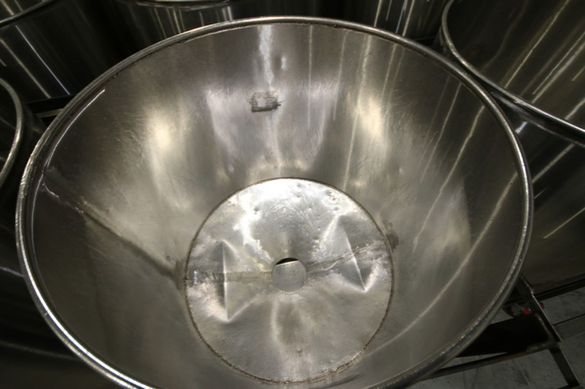 (16) S/S Round Totes, Aprox. 29" Dia. x 10" Deep, with Cone Bottom & Bottom Discharge, Mounted on - Image 4 of 5