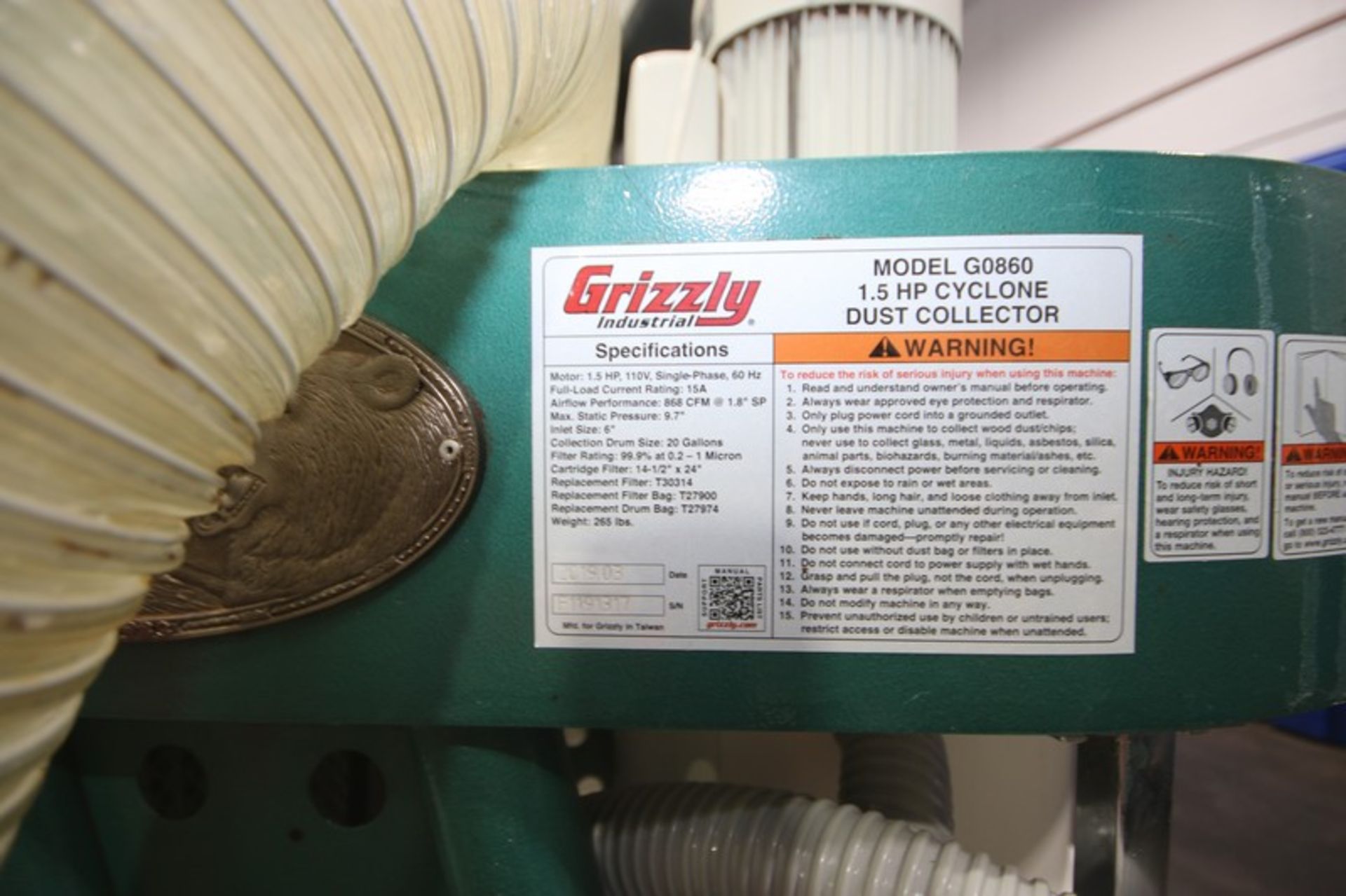 Grizzly Cyclone Dust Collector, M/N G0860, S/N F1191317, with 1.5 hp Motor, Mounted on Portable - Image 4 of 5