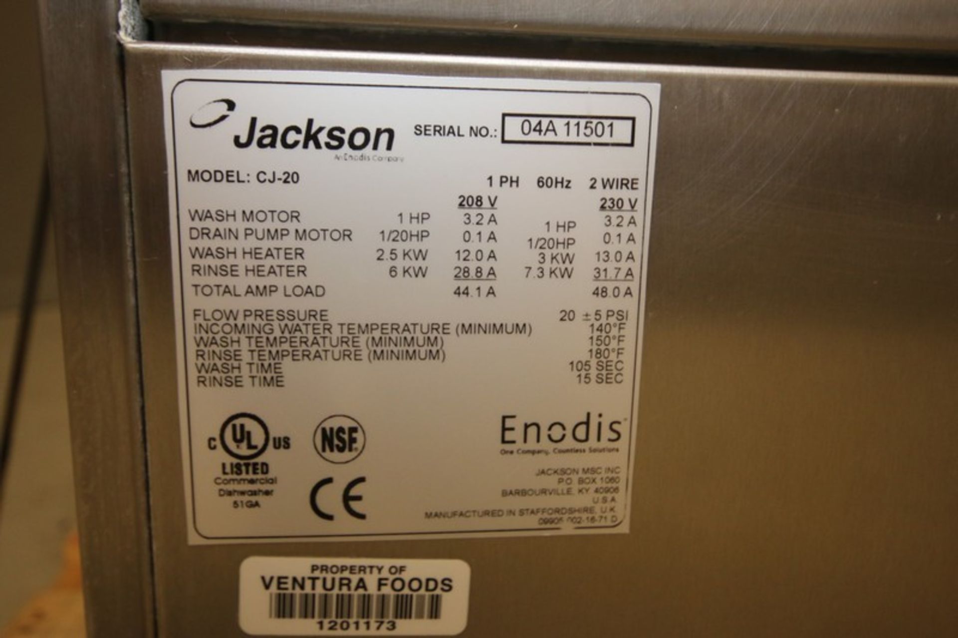 Jackson JPX-200 S/S Commericial Dish Wash Washer, Model CJ-20, SN 04A 11501, 208V (INV#80941)( - Image 4 of 4