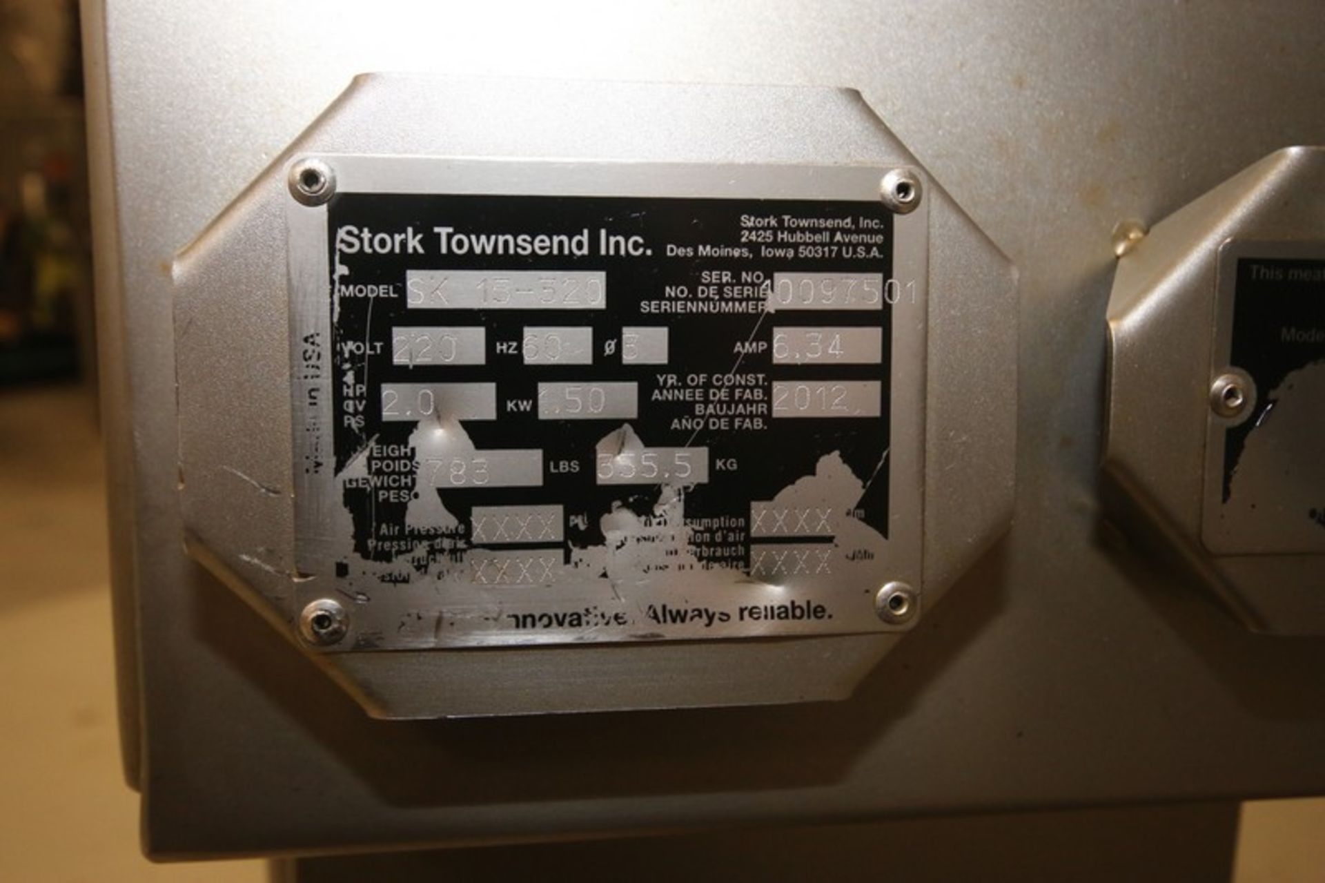 Stork Townsend S/S Skinner, Model SK-15-320, SN 0097501, with 14" W Belt, 220V, Mounted on - Image 7 of 7