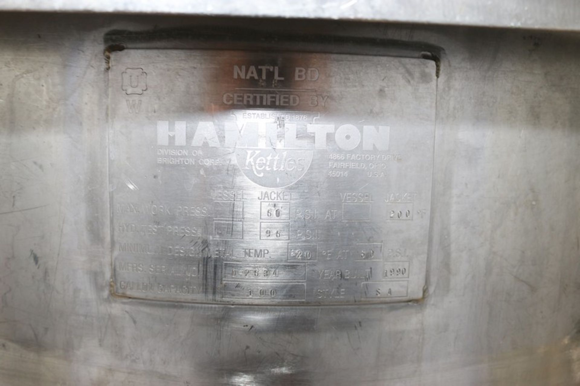 Hamilton 100 Gal. S/S Kettle, Style SA, S/N D-2534, Max. Work Press 60 PSI @ 200 F, Hyd. Test - Bild 5 aus 10