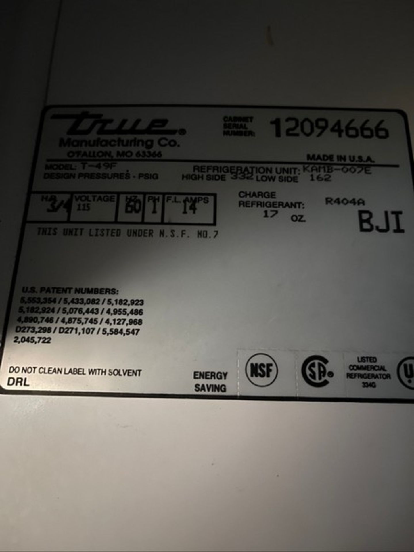 TRUE MANUFACTURING 2-DOOR S/S FREEZER, MODEL T-49F, S/N 12094666, 115 V, 1 PHASE(INV#80362)( - Image 3 of 3