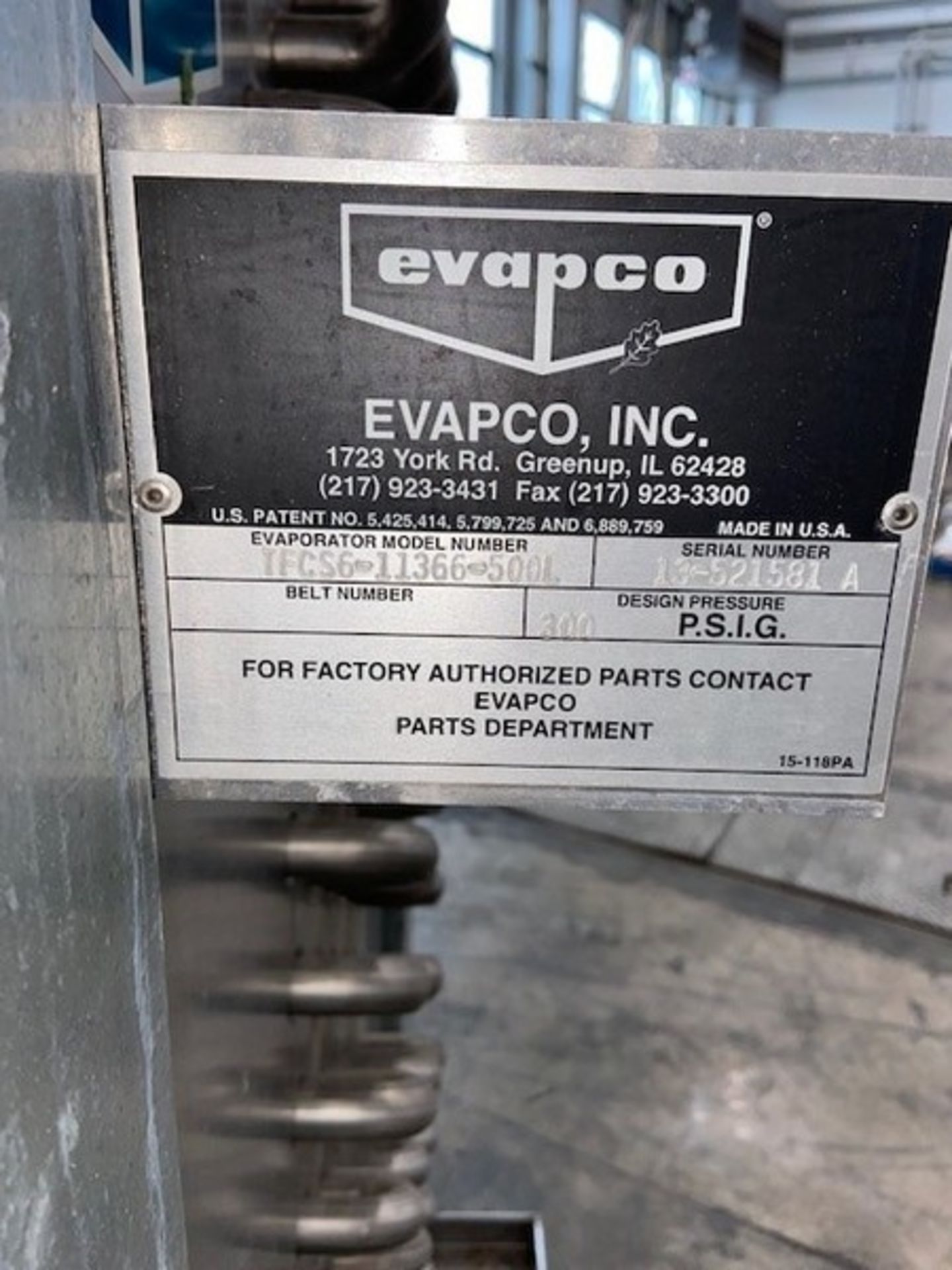 Evapco Evaporator,M/N TFCS6-11366-500L, S/N 13-521581A, Design Pressure 300 PSIG (NOTE: Previously - Bild 2 aus 5